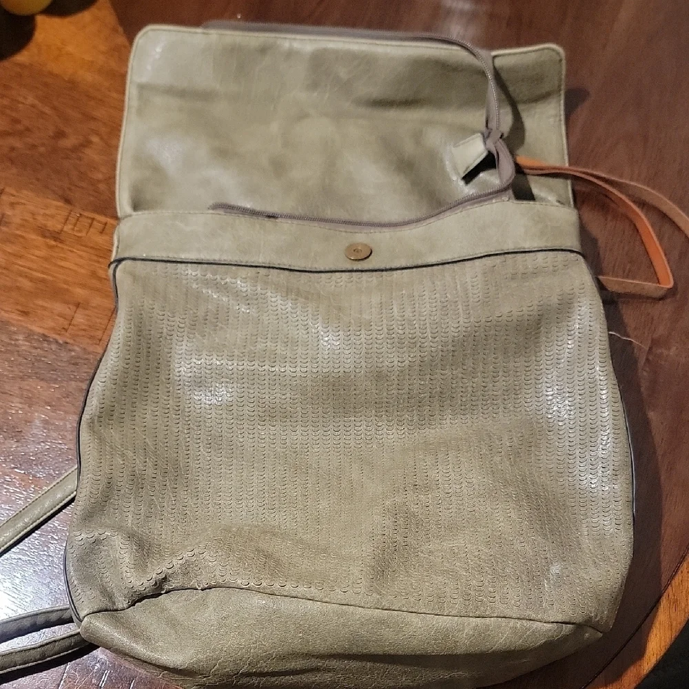 Green Roll-Top Backpack with Leather Accents